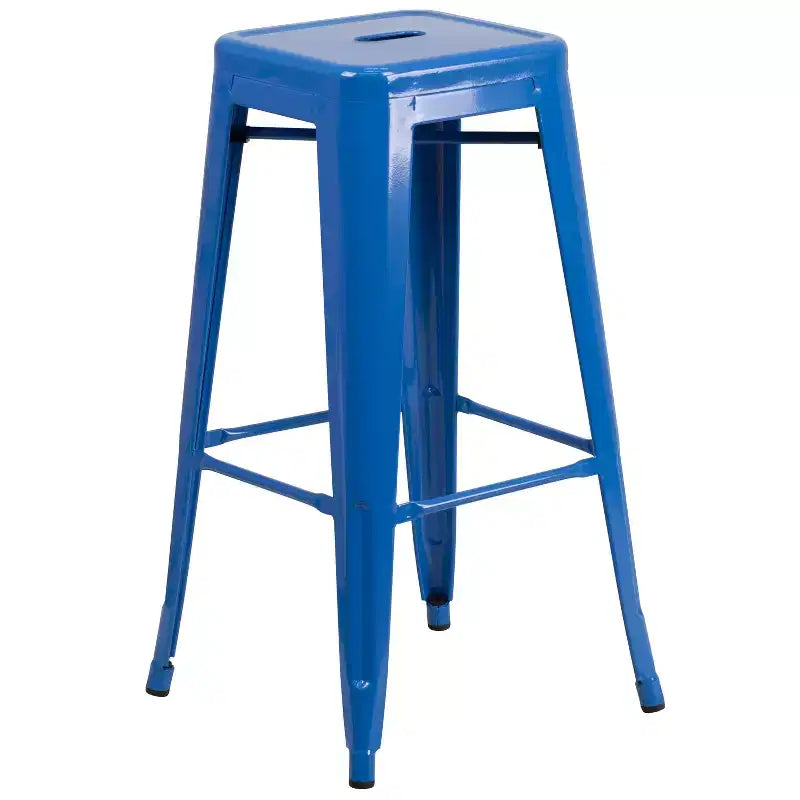 Set tavolo da bar rotondo da 30 per interni-esterni in metallo di grado commerciale Flash Furniture con 4 sgabelli senza schienale con sedile quadrato