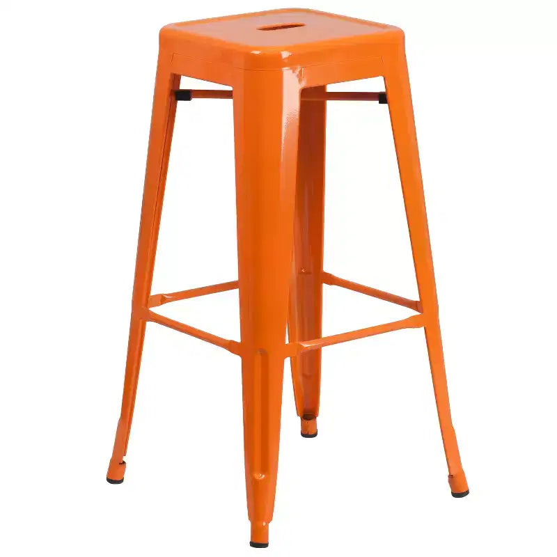 Set tavolo da bar rotondo da 30 per interni-esterni in metallo di grado commerciale Flash Furniture con 4 sgabelli senza schienale con sedile quadrato