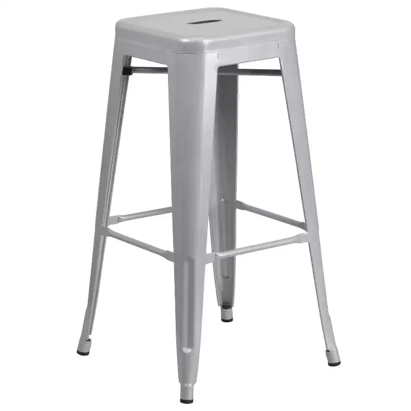 Set tavolo da bar rotondo da 30 per interni-esterni in metallo di grado commerciale Flash Furniture con 4 sgabelli senza schienale con sedile quadrato