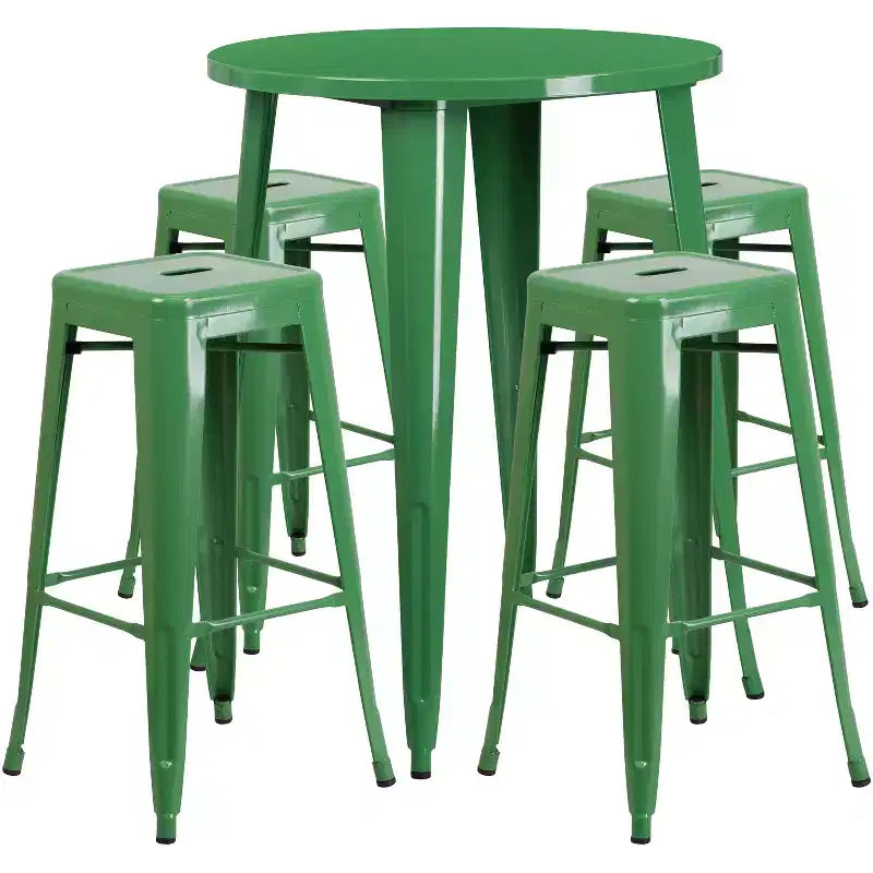 Set tavolo da bar rotondo da 30 per interni-esterni in metallo di grado commerciale Flash Furniture con 4 sgabelli senza schienale con sedile quadrato