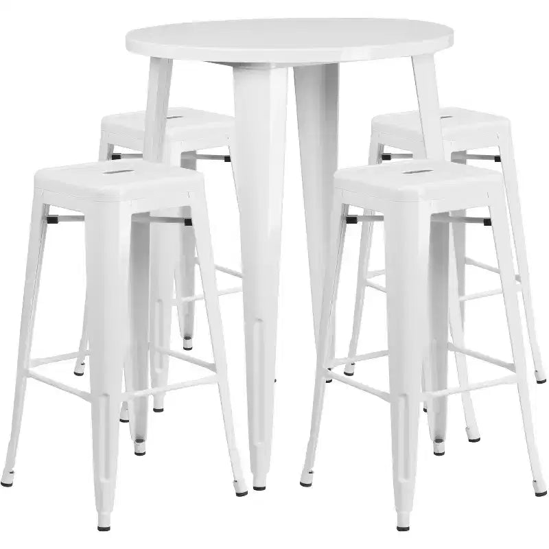 Set tavolo da bar rotondo da 30 per interni-esterni in metallo di grado commerciale Flash Furniture con 4 sgabelli senza schienale con sedile quadrato
