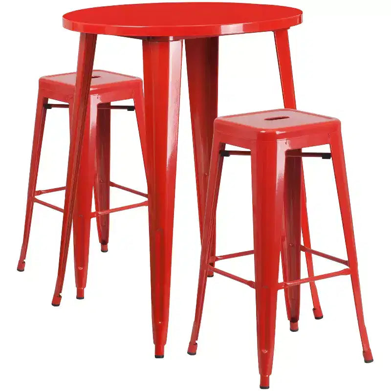 Flash Furniture Set Tavolo da Bar Rotondo 30" in Metallo per Interni-Esterni di Grado Commerciale con 2 Sgabelli Senza Schienale con Seduta Quadrata