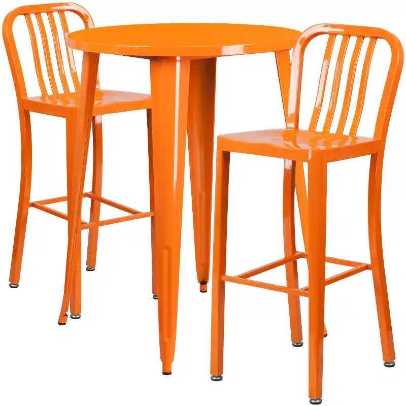 Flash Furniture Set Tavolo da Bar Rotondo in Metallo da 30 per Interni/Esterni di Grado Commerciale con 2 Sgabelli con Schienale a Doghe Verticali