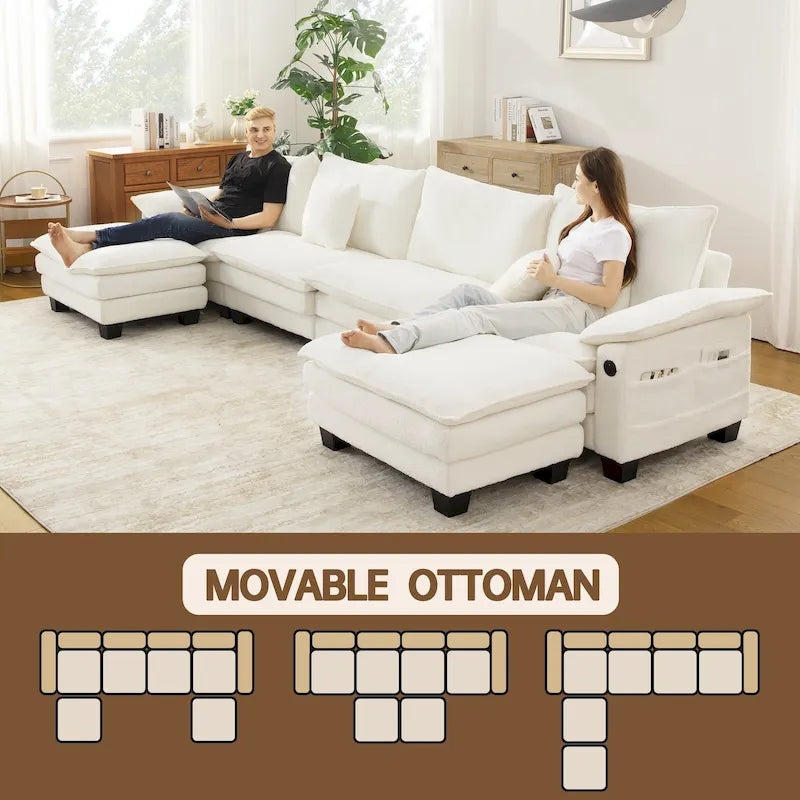 Set di mobili per soggiorno, Set divano componibile modulare con pouf per soggiorno, Divano convertibile