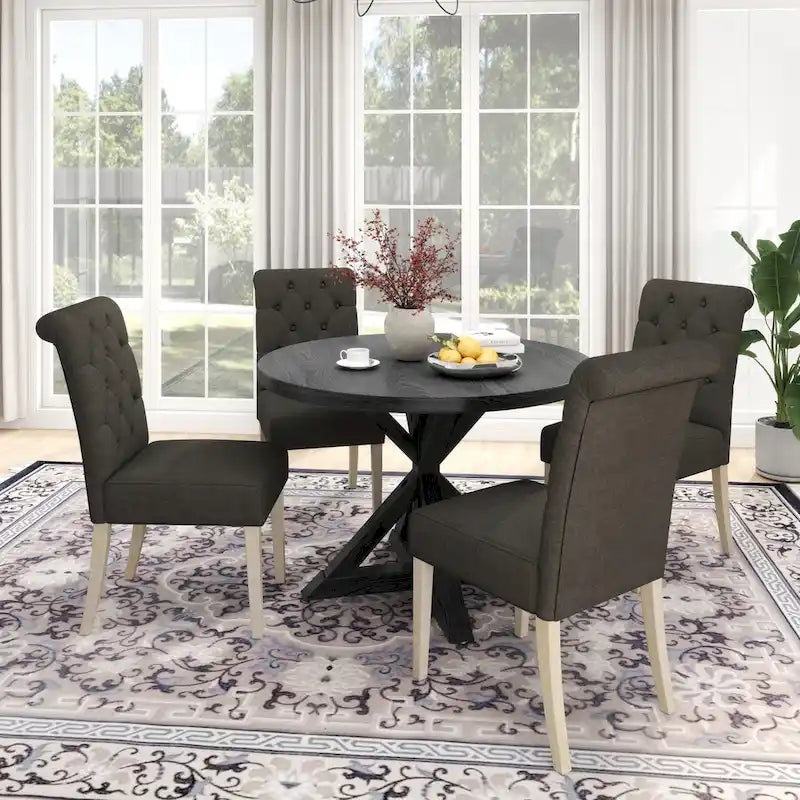 Set da pranzo da 5 pezzi, set di mobili da cucina in legno, tavolo rotondo con base a piedistallo incrociato e 4 sedie trapuntate
