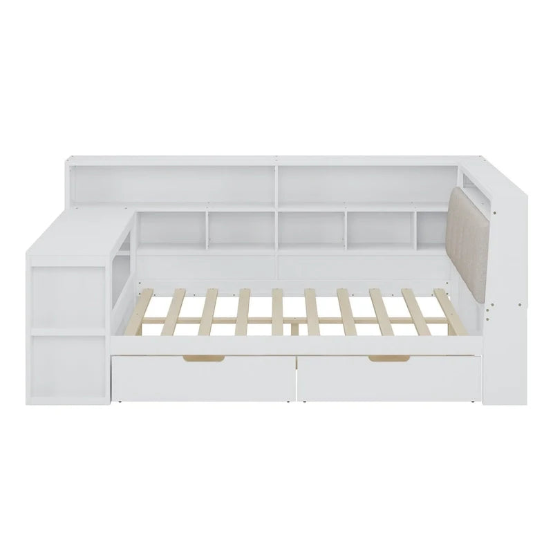 Divano Letto a "L" in Legno con Scrivania, Mobile Libreria, Letto Angolare con Cassetti Sottostanti, Testiera Imbottita con Luce Integrata