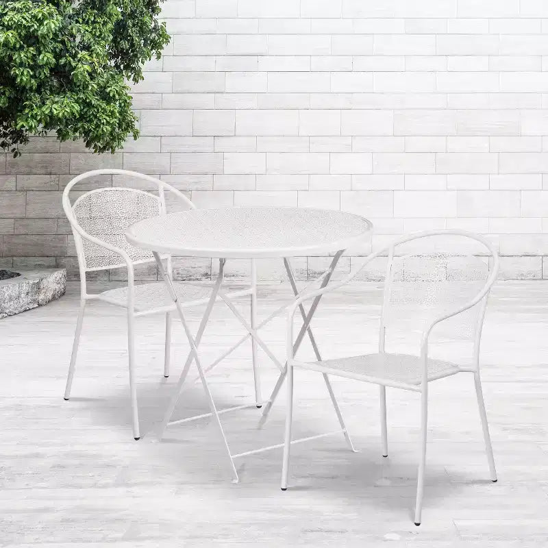 Set tavolo da patio pieghevole in acciaio Flash Furniture Oia commerciale, rotondo da 30", per interni/esterni, con 2 sedie con schienale rotondo