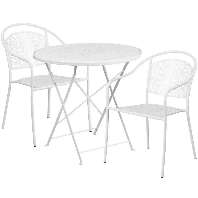 Set tavolo da patio pieghevole in acciaio Flash Furniture Oia commerciale, rotondo da 30", per interni/esterni, con 2 sedie con schienale rotondo