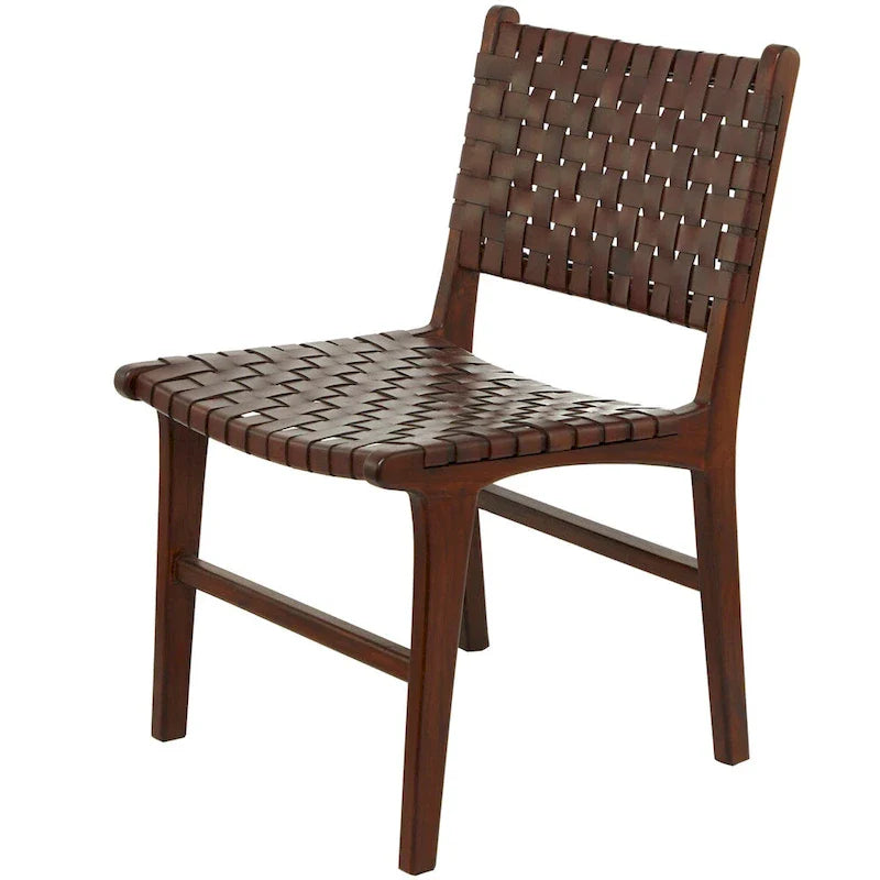 Sedie da Pranzo in Pelle Intrecciata Fatte a Mano con Struttura in Legno Teak - Set di 2 Marroni, Bianche o Nere - Roche River Decor