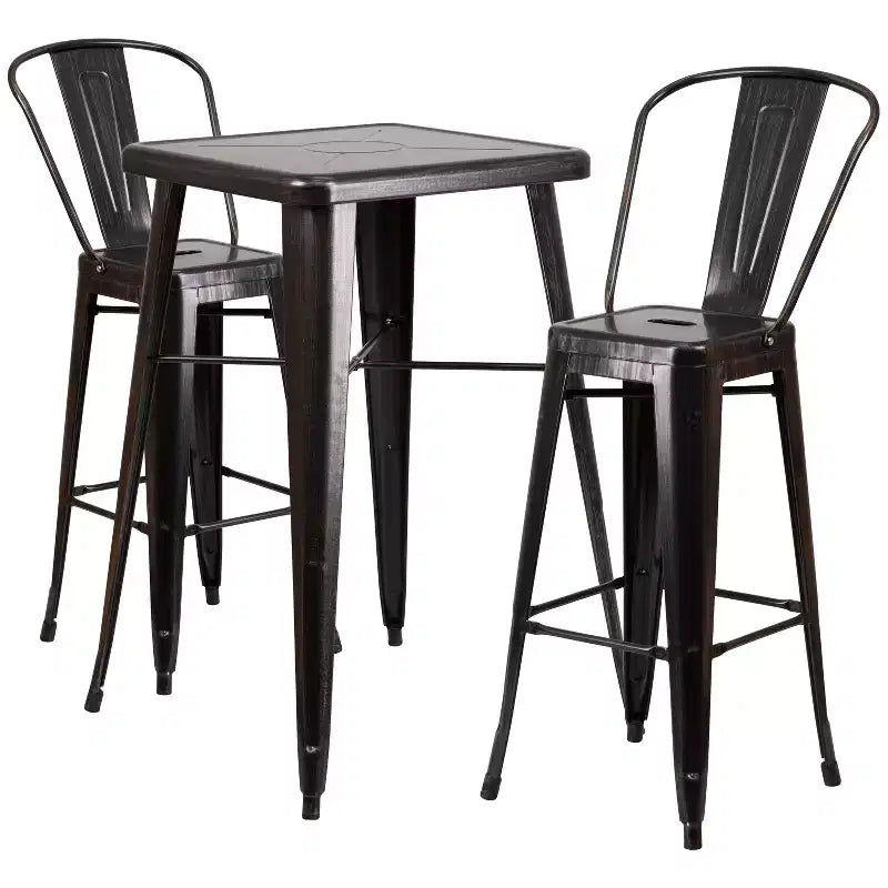 Set da Bar Quadrato in Metallo per Interni-Esterni Emma e Oliver Commercial Grade 60 cm, 2 Sgabelli con Schienale