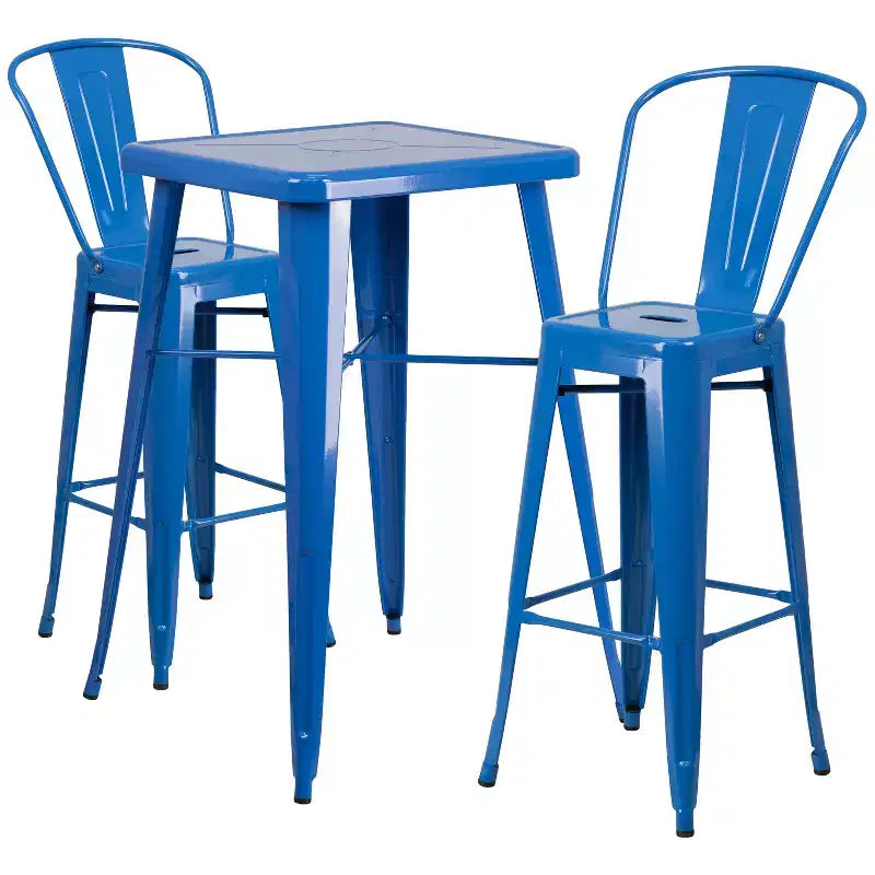 Set da Bar Quadrato in Metallo per Interni-Esterni Emma e Oliver Commercial Grade 60 cm, 2 Sgabelli con Schienale
