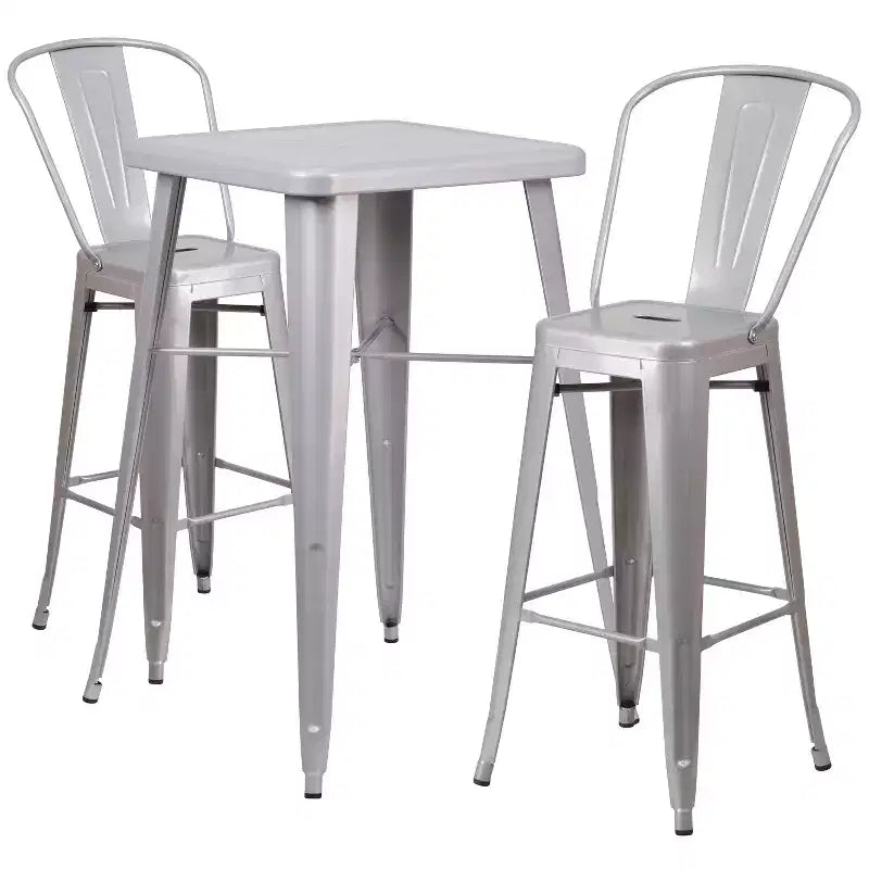 Set da Bar Quadrato in Metallo per Interni-Esterni Emma e Oliver Commercial Grade 60 cm, 2 Sgabelli con Schienale