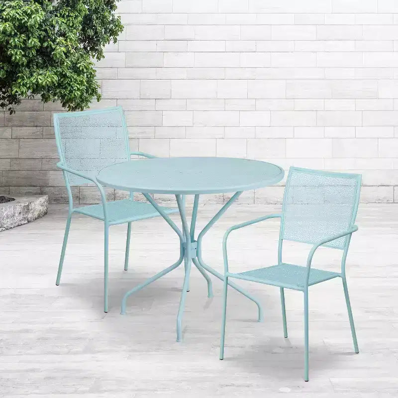 Set tavolo da patio da giardino rotondo in metallo Emma and Oliver di qualità commerciale da 35,25, 2 sedie con schienale quadrato