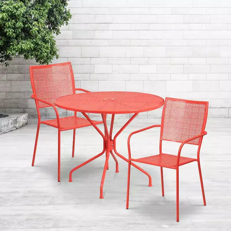 Set tavolo da patio da giardino rotondo in metallo Emma and Oliver di qualità commerciale da 35,25, 2 sedie con schienale quadrato