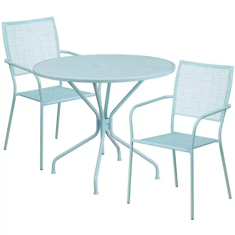 Set tavolo da patio da giardino rotondo in metallo Emma and Oliver di qualità commerciale da 35,25, 2 sedie con schienale quadrato
