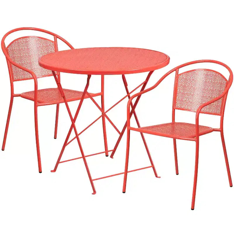 Set da tavolo da patio pieghevole rotondo in metallo Emma e Oliver di grado commerciale con 2 sedie con schienale rotondo