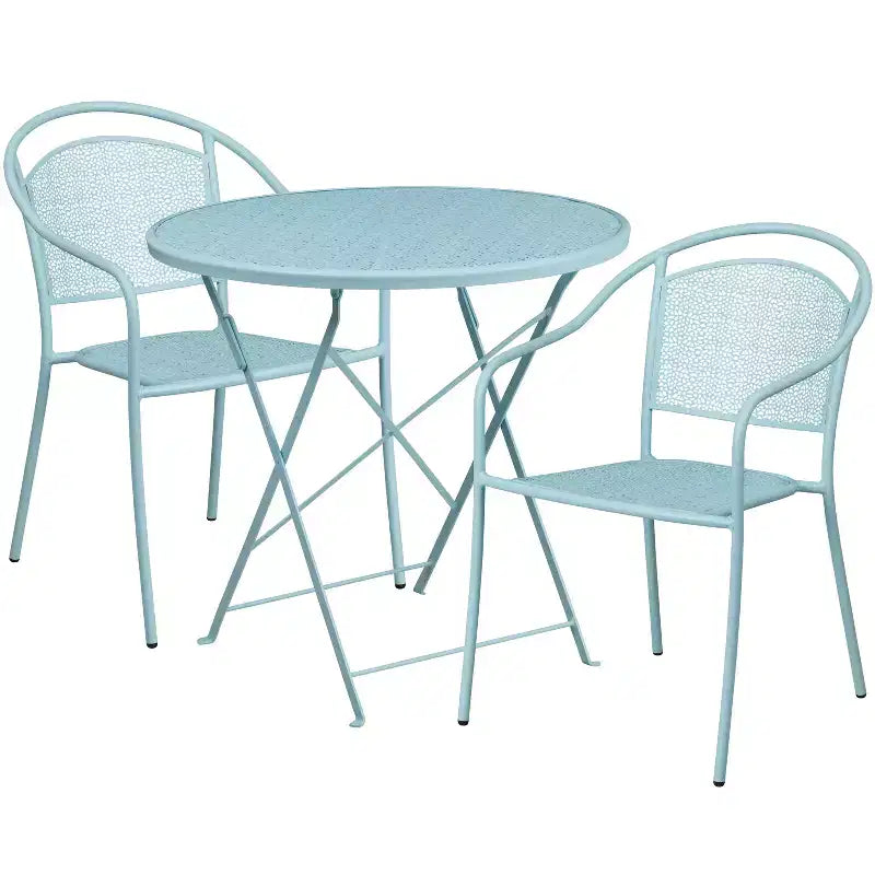 Set da tavolo da patio pieghevole rotondo in metallo Emma e Oliver di grado commerciale con 2 sedie con schienale rotondo