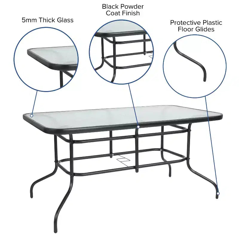 Set Emma and Oliver di tavolo e sedie da patio da 7 pezzi con tavolo rettangolare in metallo 80x140 cm con piano in vetro temperato e 6 sedie impilabili in alluminio nere