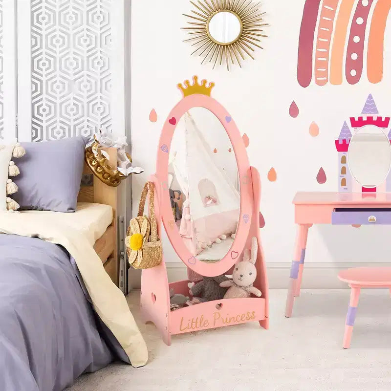 Costway Specchio a figura intera per bambini, autoportante, girevole a 360 gradi, in legno, principessa, rosa