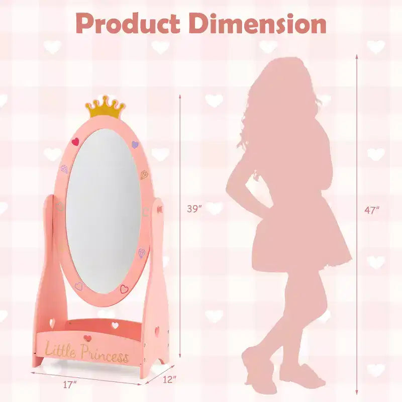 Costway Specchio a figura intera per bambini, autoportante, girevole a 360 gradi, in legno, principessa, rosa