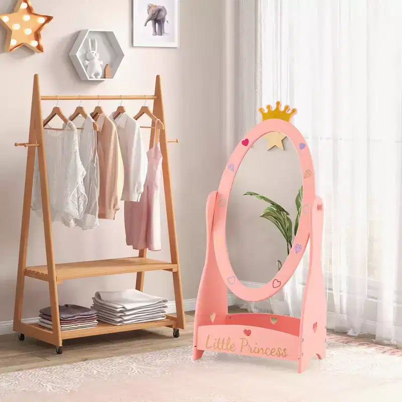 Costway Specchio a figura intera per bambini, autoportante, girevole a 360 gradi, in legno, principessa, rosa