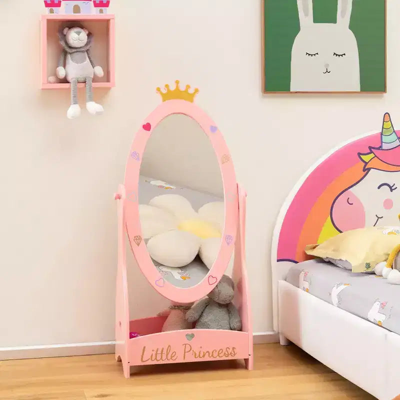 Costway Specchio a figura intera per bambini, autoportante, girevole a 360 gradi, in legno, principessa, rosa