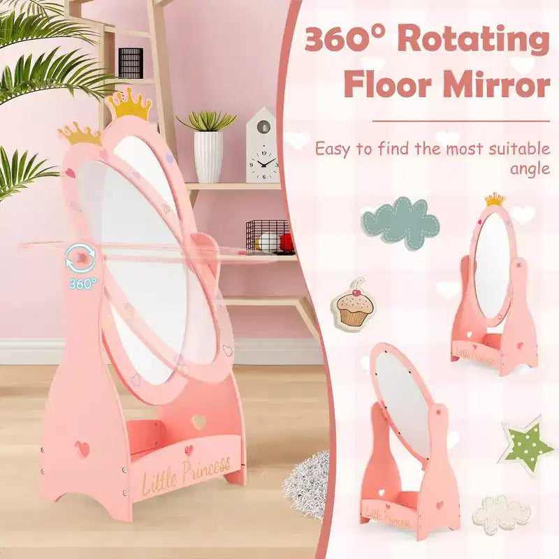 Costway Specchio a figura intera per bambini, autoportante, girevole a 360 gradi, in legno, principessa, rosa
