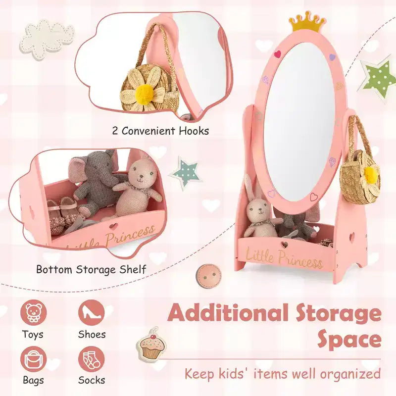 Costway Specchio a figura intera per bambini, autoportante, girevole a 360 gradi, in legno, principessa, rosa