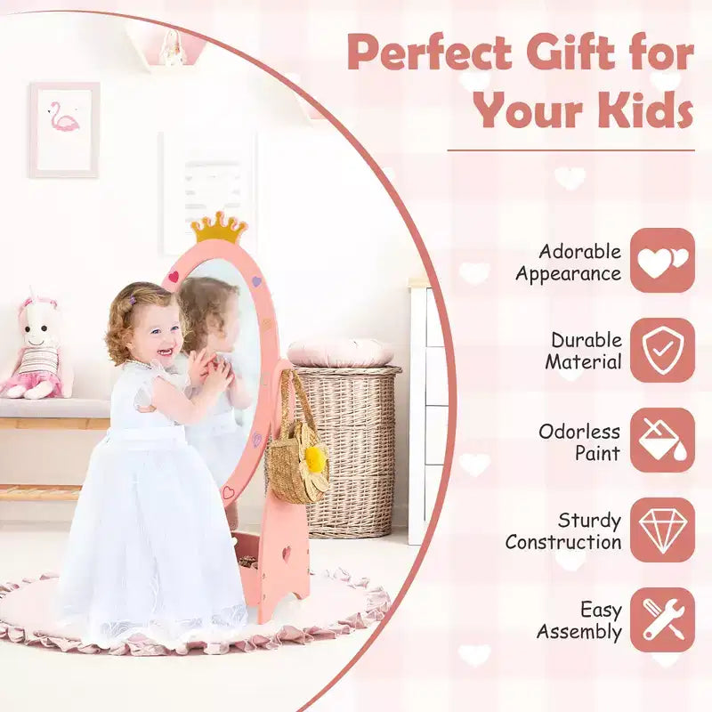 Costway Specchio a figura intera per bambini, autoportante, girevole a 360 gradi, in legno, principessa, rosa