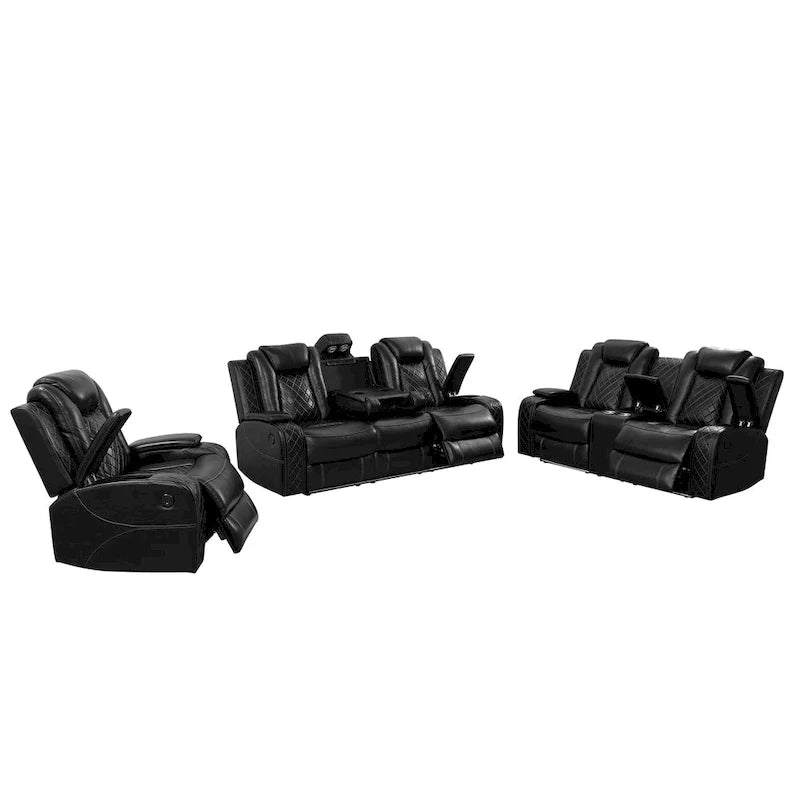 Divano Recliner Moderno in Pelle a 3 Posti con LED, Ricarica Wireless