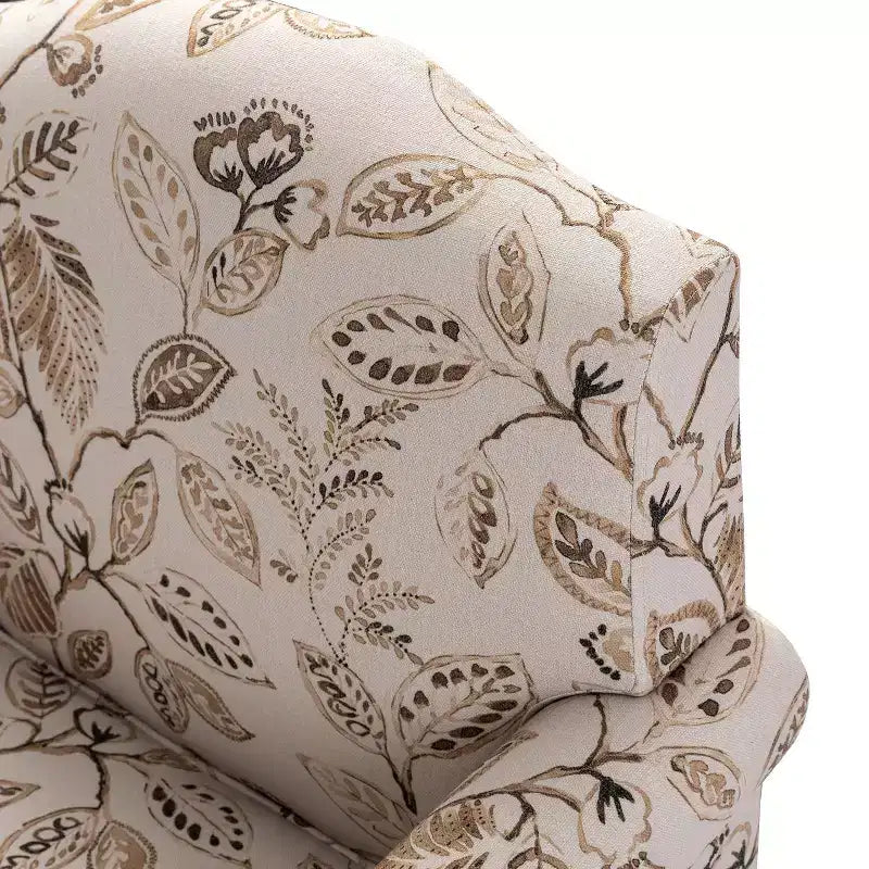 Poltrona transizionale Yahweh in legno e tappezzeria con fantasia floreale, braccioli a pannello e schienale a gobba di cammello | ART OF LIVING DESIGNS