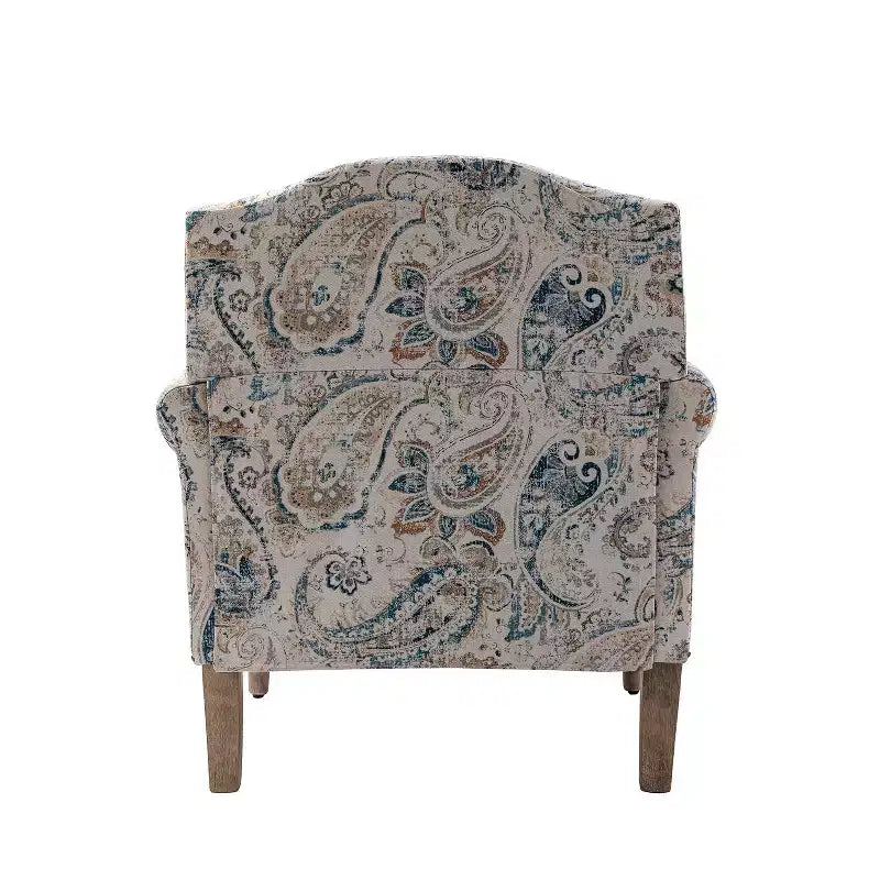 Poltrona transizionale Yahweh in legno e tappezzeria con fantasia floreale, braccioli a pannello e schienale a gobba di cammello | ART OF LIVING DESIGNS