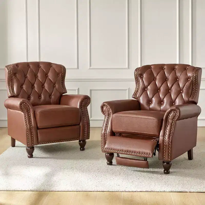 Set di 2 Poltrone Reclinabili in Legno Imbottite in Vera Pelle Justine Transitional con Rifinitura Borchiata per Soggiorno e Camera da Letto | ART OF LIVING DESIGNS