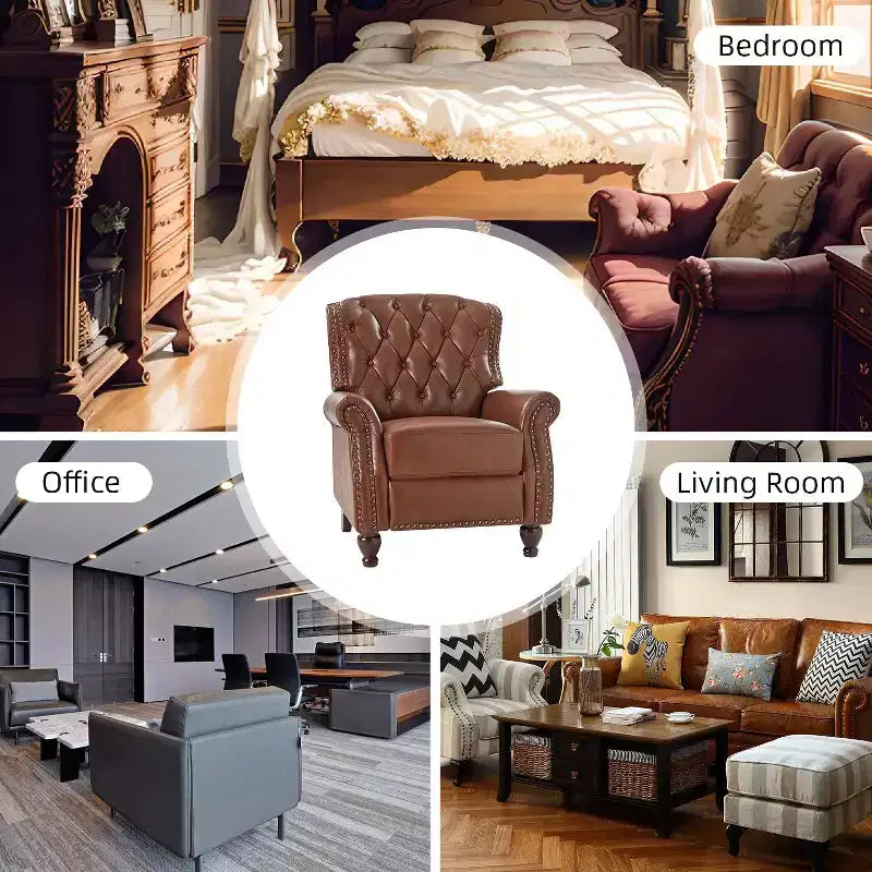 Set di 2 Poltrone Reclinabili in Legno Imbottite in Vera Pelle Justine Transitional con Rifinitura Borchiata per Soggiorno e Camera da Letto | ART OF LIVING DESIGNS