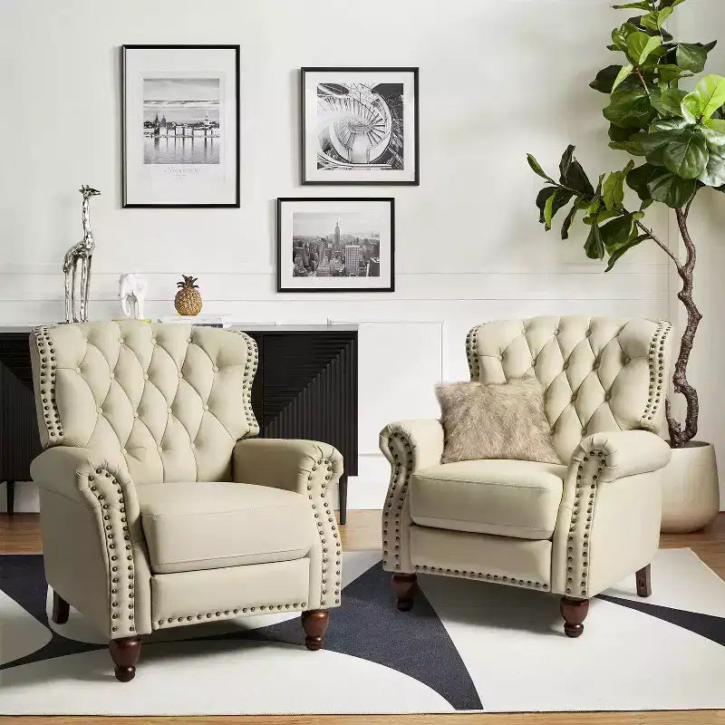 Set di 2 Poltrone Reclinabili in Legno Imbottite in Vera Pelle Justine Transitional con Rifinitura Borchiata per Soggiorno e Camera da Letto | ART OF LIVING DESIGNS