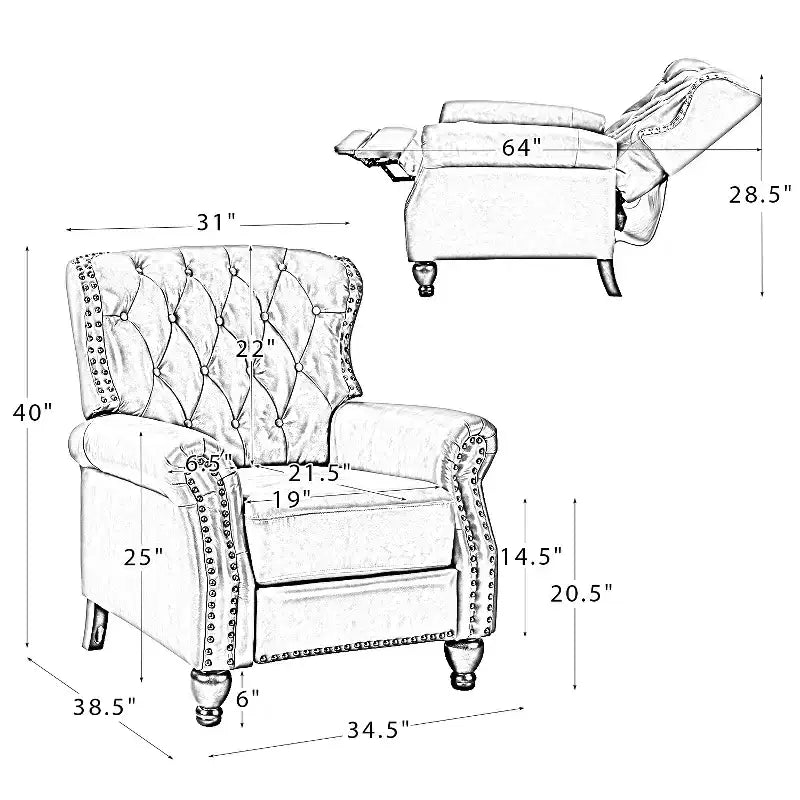 Set di 2 Poltrone Reclinabili in Legno Imbottite in Vera Pelle Justine Transitional con Rifinitura Borchiata per Soggiorno e Camera da Letto | ART OF LIVING DESIGNS