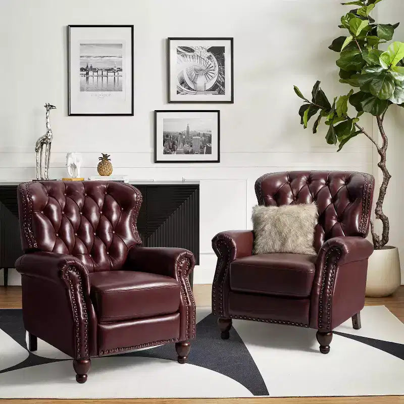 Set di 2 Poltrone Reclinabili in Legno Imbottite in Vera Pelle Justine Transitional con Rifinitura Borchiata per Soggiorno e Camera da Letto | ART OF LIVING DESIGNS