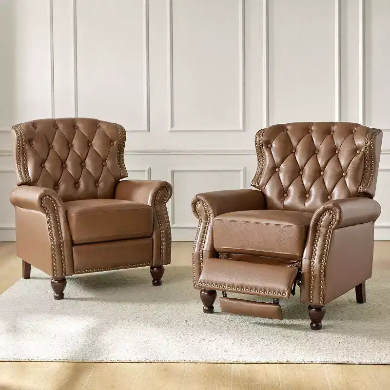 Set di 2 Poltrone Reclinabili in Legno Imbottite in Vera Pelle Justine Transitional con Rifinitura Borchiata per Soggiorno e Camera da Letto | ART OF LIVING DESIGNS