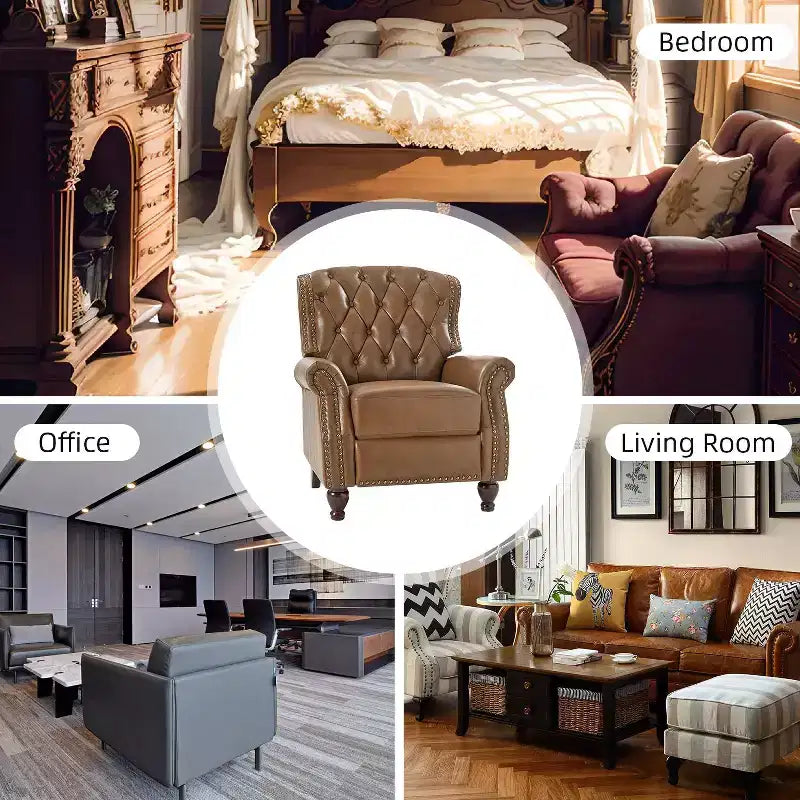 Set di 2 Poltrone Reclinabili in Legno Imbottite in Vera Pelle Justine Transitional con Rifinitura Borchiata per Soggiorno e Camera da Letto | ART OF LIVING DESIGNS