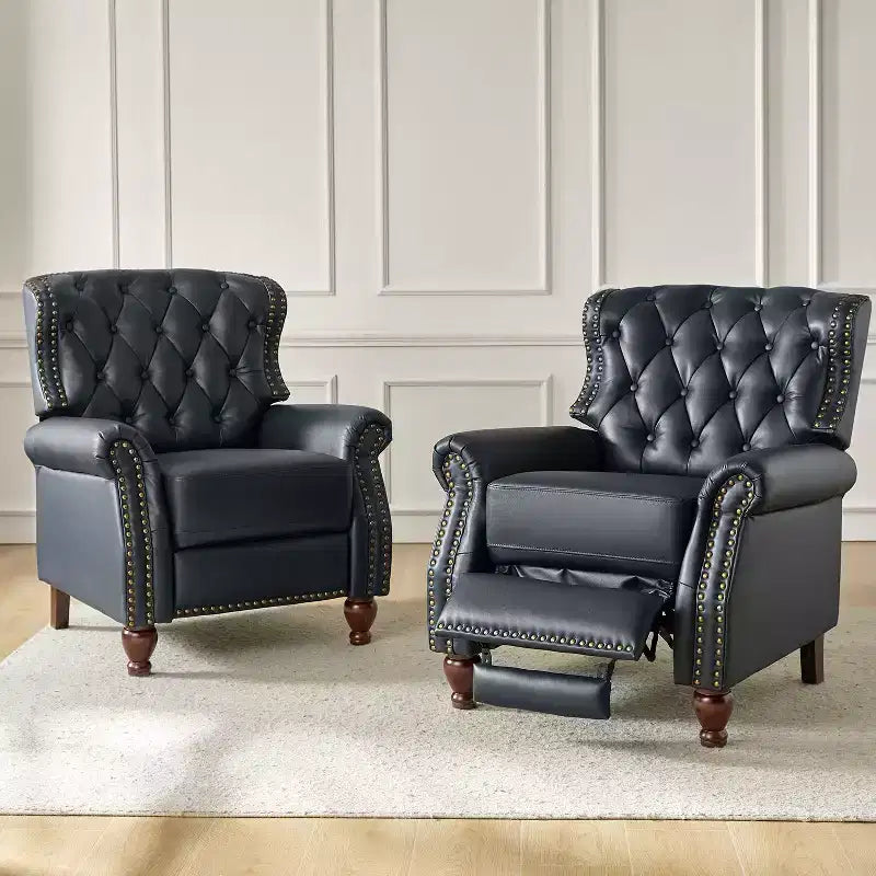Set di 2 Poltrone Reclinabili in Legno Imbottite in Vera Pelle Justine Transitional con Rifinitura Borchiata per Soggiorno e Camera da Letto | ART OF LIVING DESIGNS