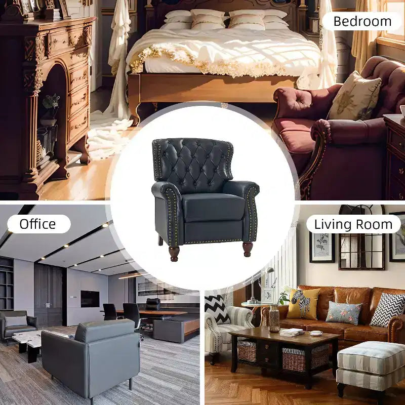 Set di 2 Poltrone Reclinabili in Legno Imbottite in Vera Pelle Justine Transitional con Rifinitura Borchiata per Soggiorno e Camera da Letto | ART OF LIVING DESIGNS