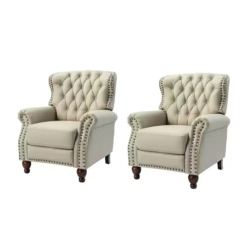 Set di 2 Poltrone Reclinabili in Legno Imbottite in Vera Pelle Justine Transitional con Rifinitura Borchiata per Soggiorno e Camera da Letto | ART OF LIVING DESIGNS