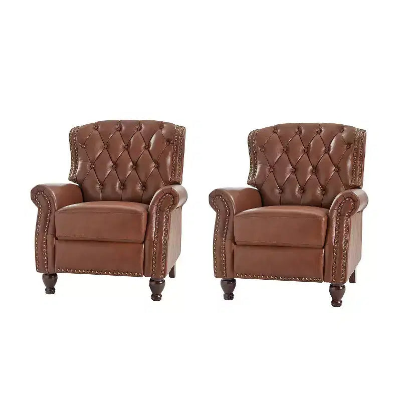 Set di 2 Poltrone Reclinabili in Legno Imbottite in Vera Pelle Justine Transitional con Rifinitura Borchiata per Soggiorno e Camera da Letto | ART OF LIVING DESIGNS