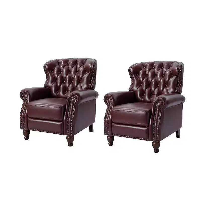 Set di 2 Poltrone Reclinabili in Legno Imbottite in Vera Pelle Justine Transitional con Rifinitura Borchiata per Soggiorno e Camera da Letto | ART OF LIVING DESIGNS