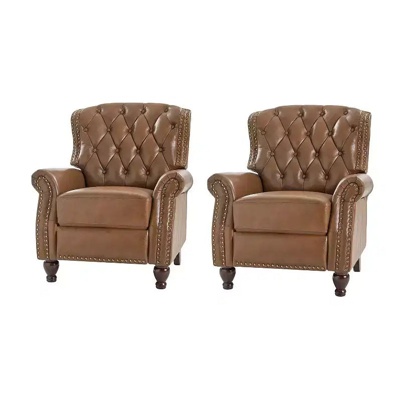 Set di 2 Poltrone Reclinabili in Legno Imbottite in Vera Pelle Justine Transitional con Rifinitura Borchiata per Soggiorno e Camera da Letto | ART OF LIVING DESIGNS