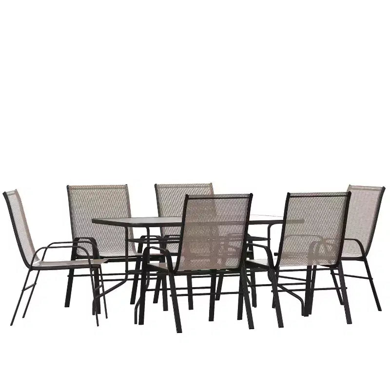 Set da patio sette pezzi Emma and Oliver con tavolo in metallo con piano in vetro temperato e 6 sedie impilabili Flex Comfort