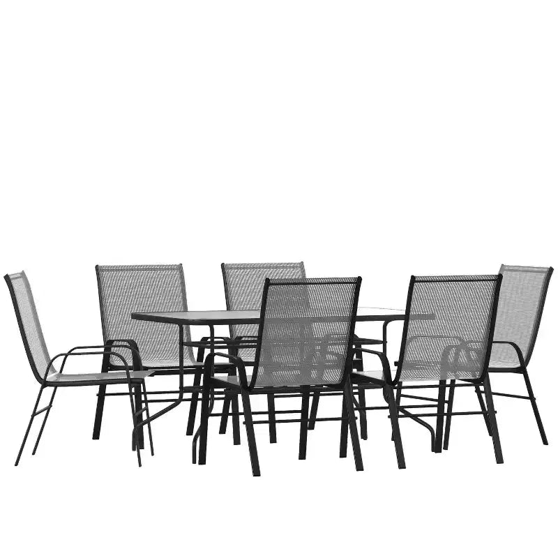 Set da patio sette pezzi Emma and Oliver con tavolo in metallo con piano in vetro temperato e 6 sedie impilabili Flex Comfort