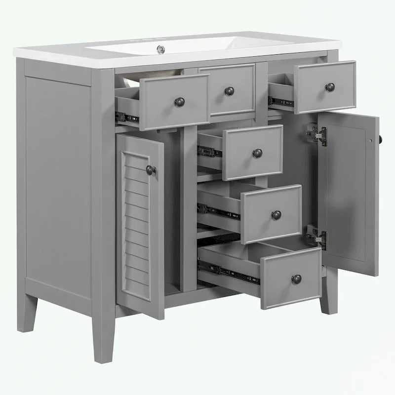 Mobile bagno con lavabo in ceramica, due ante e cinque cassetti