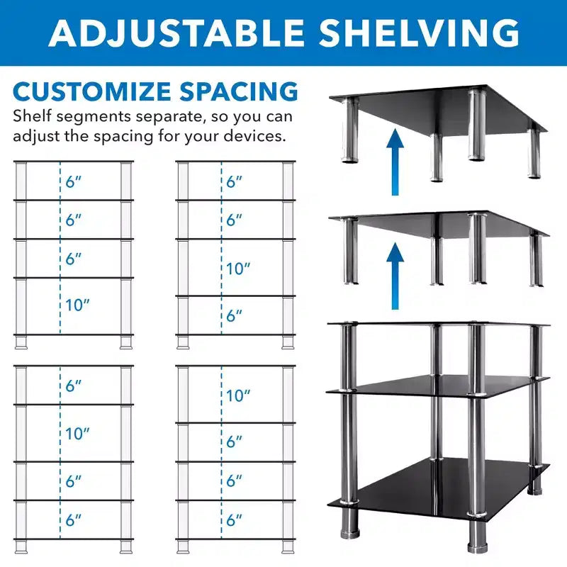 Mount-It! Tempered Glass AV Component Media Stand, Audio Tower and Media Center with 5 Shelves, 220 Lbs Total Capacity, Black Shelves Chrome Legs
