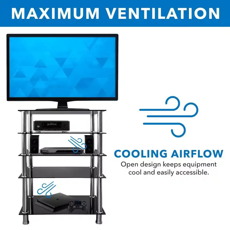 Mount-It! Tempered Glass AV Component Media Stand, Audio Tower and Media Center with 5 Shelves, 220 Lbs Total Capacity, Black Shelves Chrome Legs